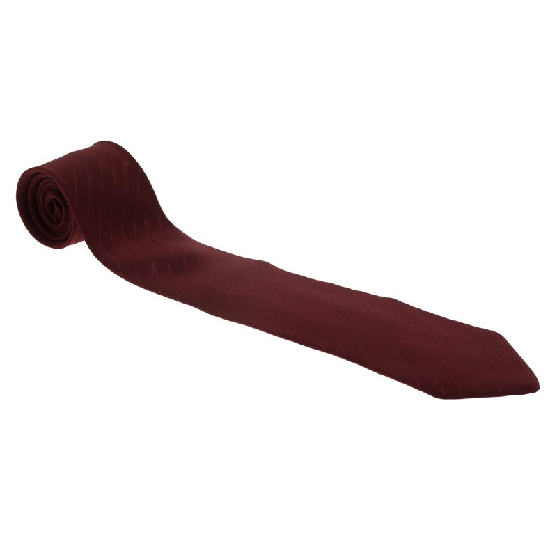 Pre Owned ربطة عنق سان لوران باريس مخطط بالشعار حرير بني محمر