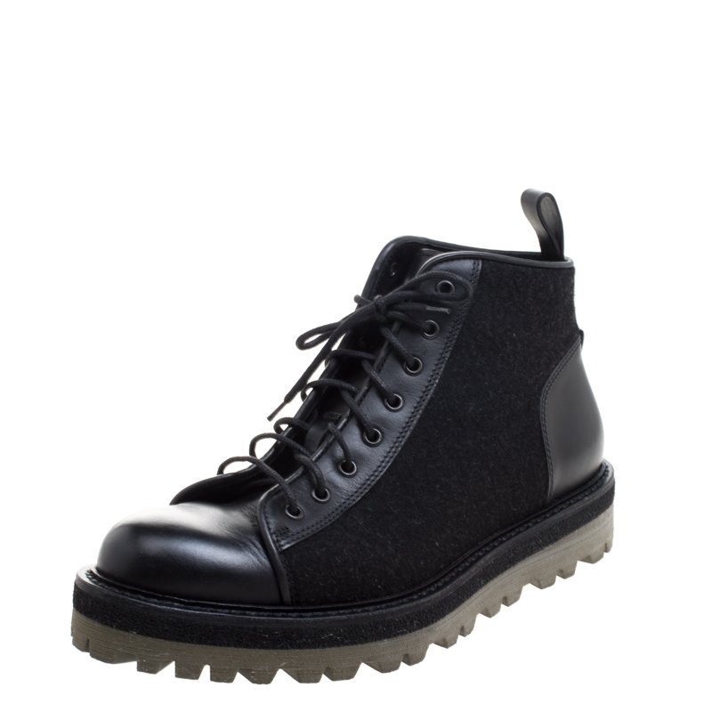 Saint Laurent Paris Black Leather and Flannel Lace Up Boots Size 42