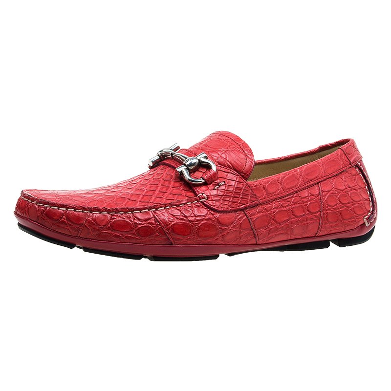 Pre Owned Salvatore Ferragamo Red Croc Embossed Leather Loafers Size 44.5