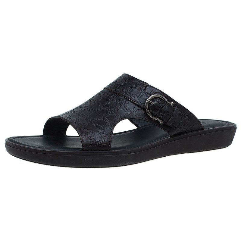 Pre Owned Salvatore Ferragamo Brown Leather Buckle Embellished Slip-On Sandals Size 43