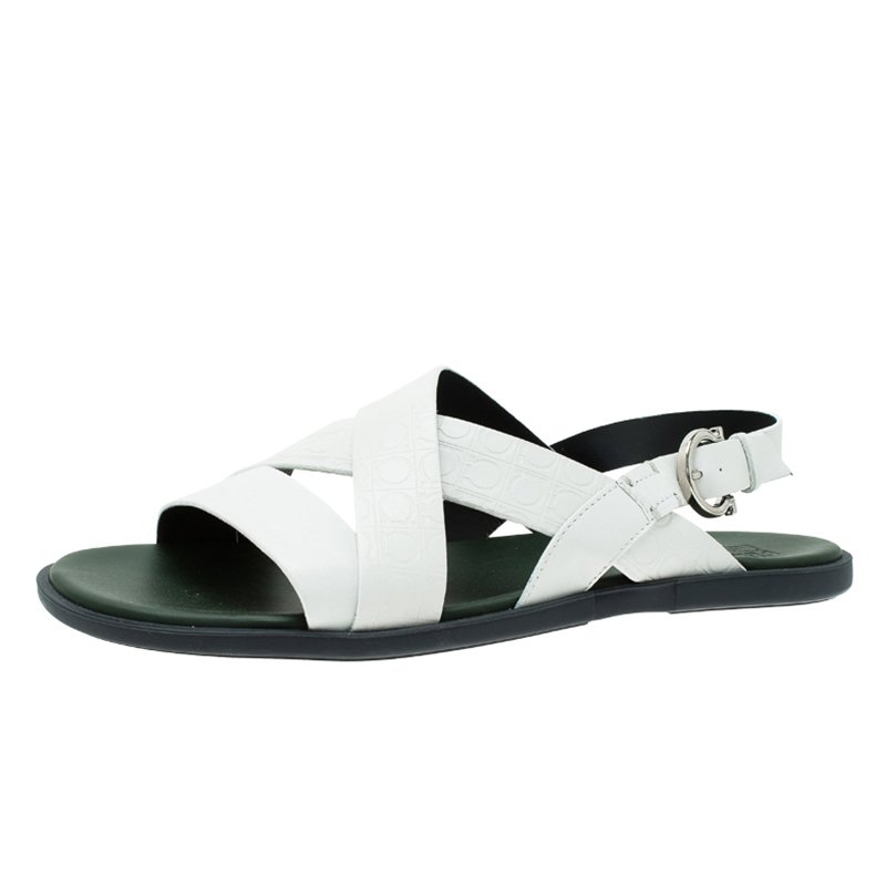 Salvatore Ferragamo White Logo Emobossed Criss Cross Strap Sandals Size 44