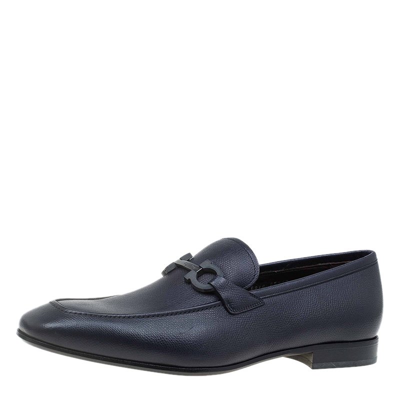 Pre Owned Salvatore Ferragamo Navy Blue Leather Manfredi Gancio Bit Loafers Size 43.5