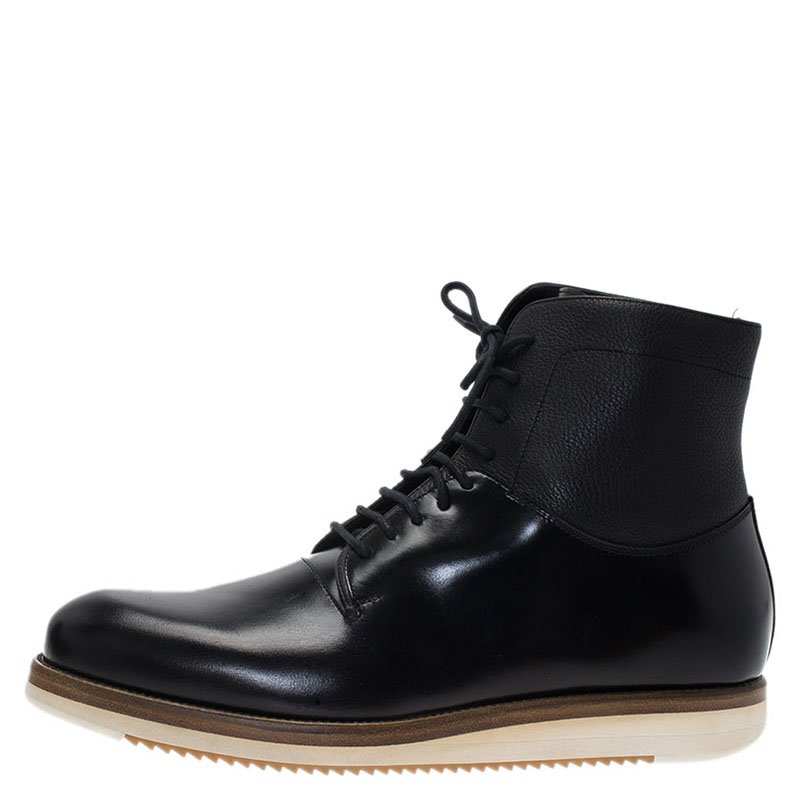 Pre Owned Salvatore Ferragamo Black Leather Mito Lace up Sneaker Boots Size 44