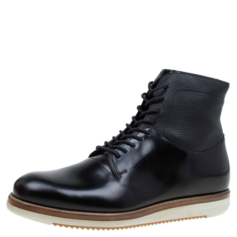 مملوكة مسبقًا Salvatore Ferragamo Black Leather Mito Lace up Sneaker Boots Size 43.5
