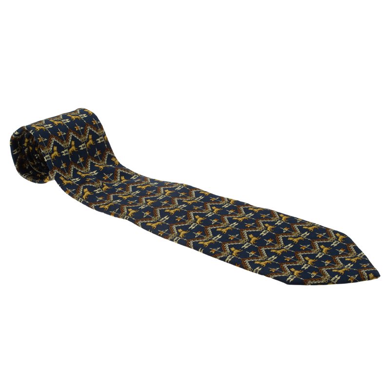 ربطة عنق سالفاتوري فيراغامو نقوش أسود حرير أزرق كحلي