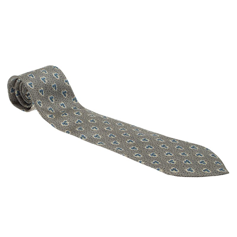 Pre Owned Salvatore Ferragamo Grey and Blue Floral Print Silk Tie