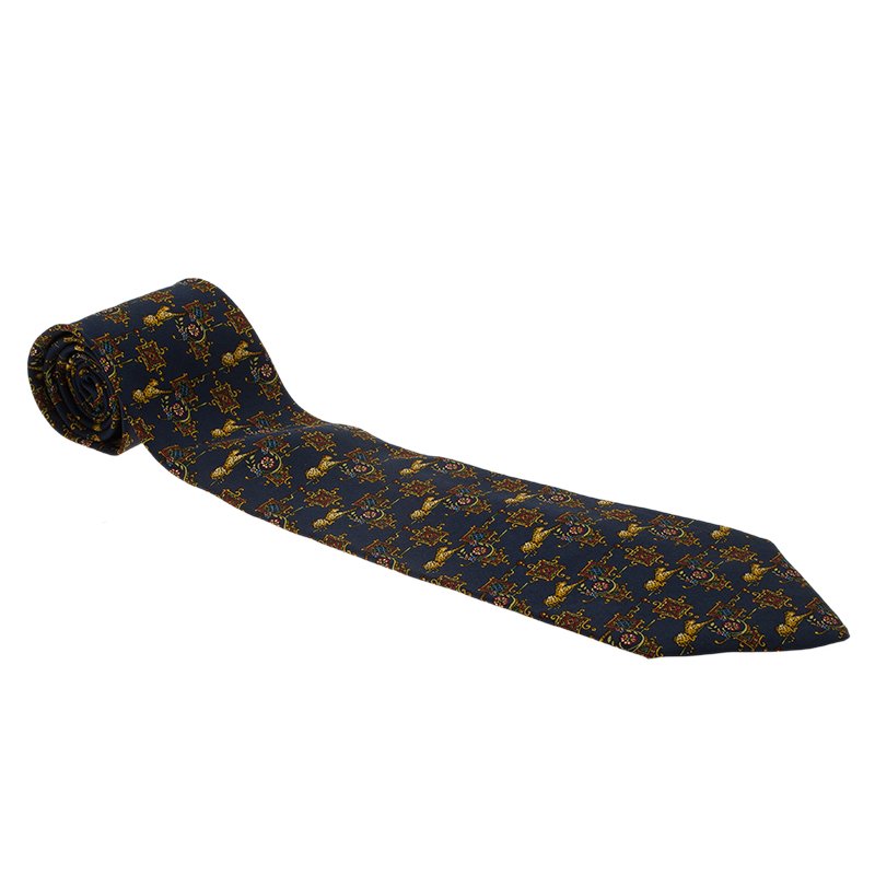 ربطة عنق سالفاتوري فيراغامو حرير أزرق كحلي نقشة فهود