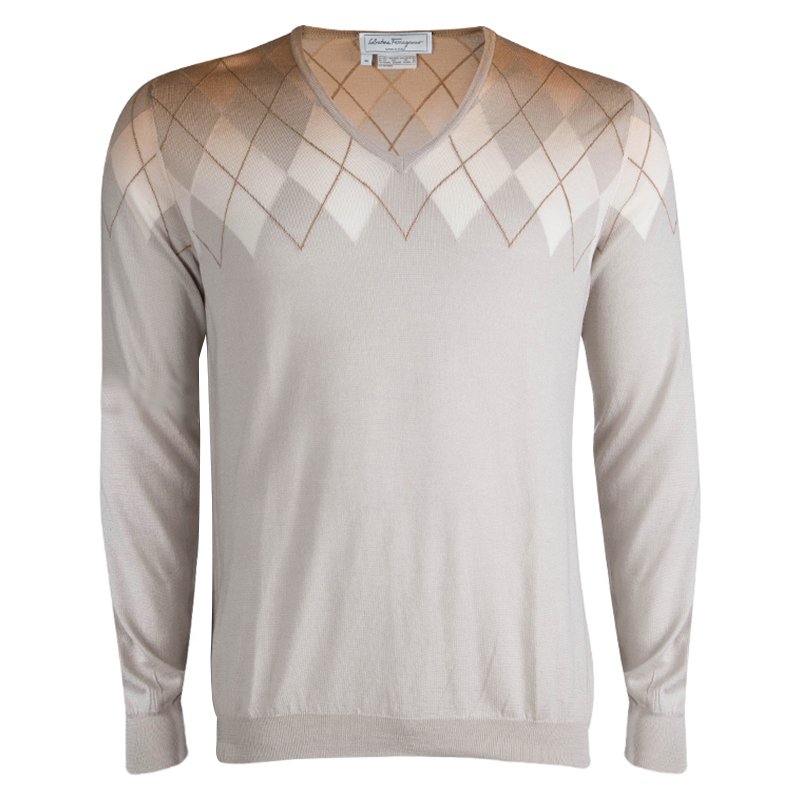 Salvatore Ferragammo Beige Argyle Pattern V-Neck Sweater M