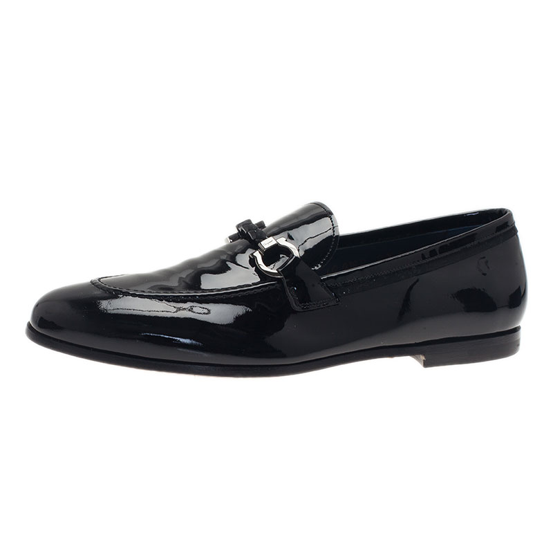 Pre Owned Salvatore Ferragamo Black Patent Gancino Bit Loafers Size 42.5