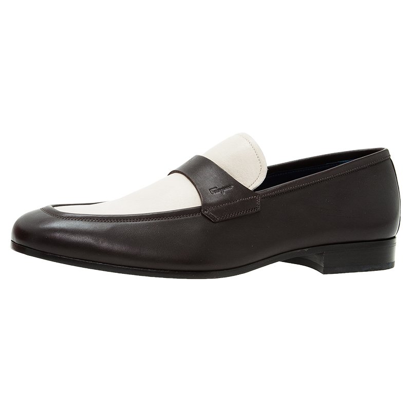 Pre Owned Salvatore Ferragamo Brown and White Leather Slip On Loafers Size 44