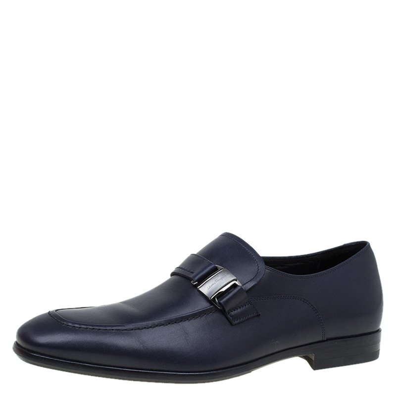 Salvatore Ferragamo Navy Blue Leather Mattia Loafers Size 41
