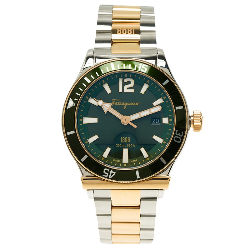 Salvatore Ferragamo Green Gold-Plated Stainless Steel 1898 Sport Men's Wristwatch 43MM