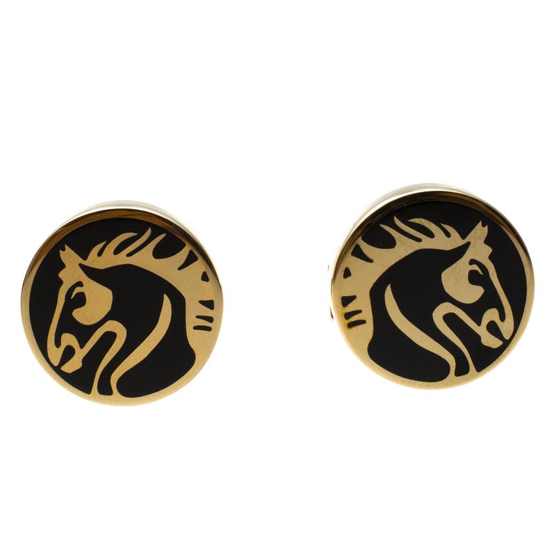 S.T. Dupont Black Lacquer Horse Gold Plated Limited Edition Cufflinks 
