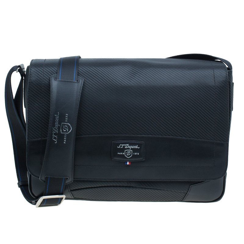 S.T. Dupont Black Leather Carbone Laptop Messenger Bag with Battery Pouch