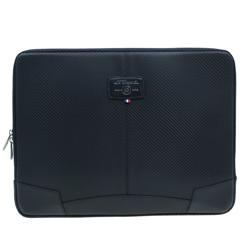 S.T. Dupont Black Leather Carbone Laptop Case Bag