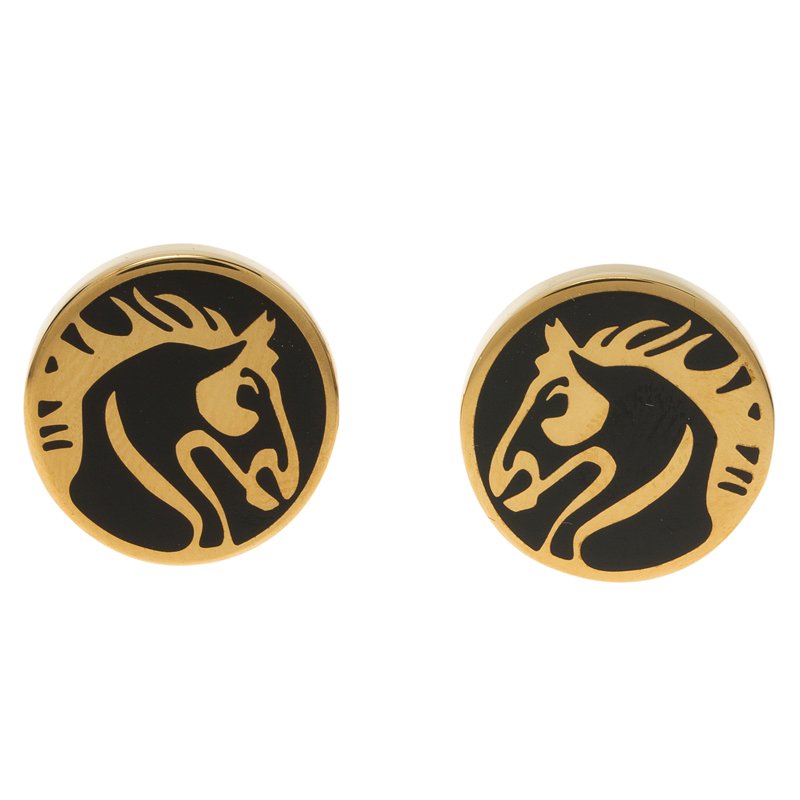 Pre Owned S.T. Dupont Black Lacquer Horse Gold Plated Limited Edition Cufflinks