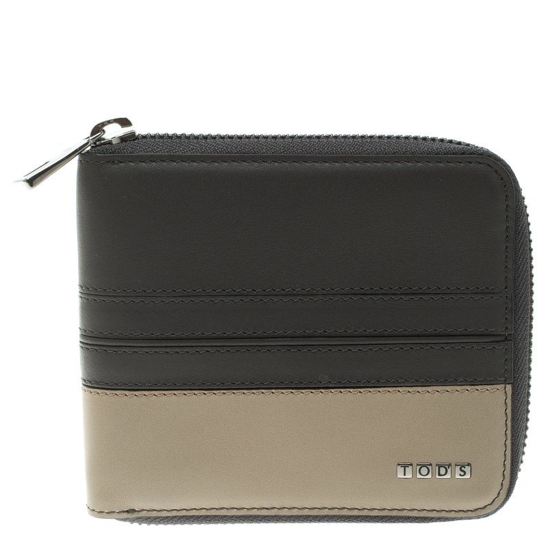 Tod's Grey/Beige Leather Zip-Around Compact Wallet