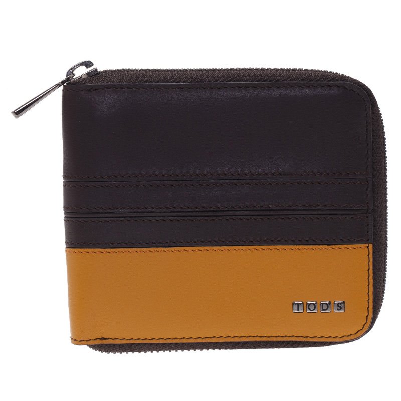 Tod's Dark Brown and Mustard Leather Zip-Around Compact Wallet 