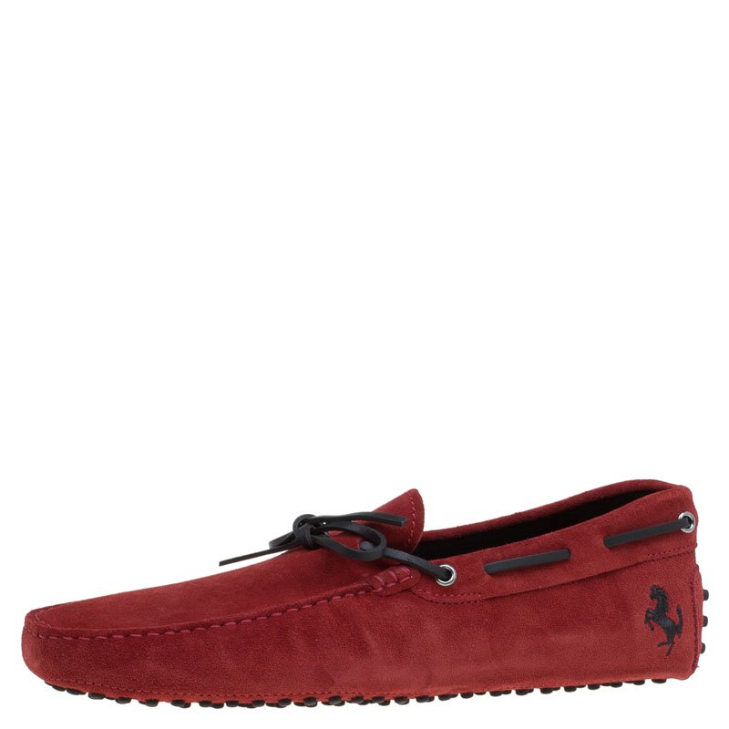 Pre Owned Tod's for Ferrari Red Suede Bow Loafers Size 44