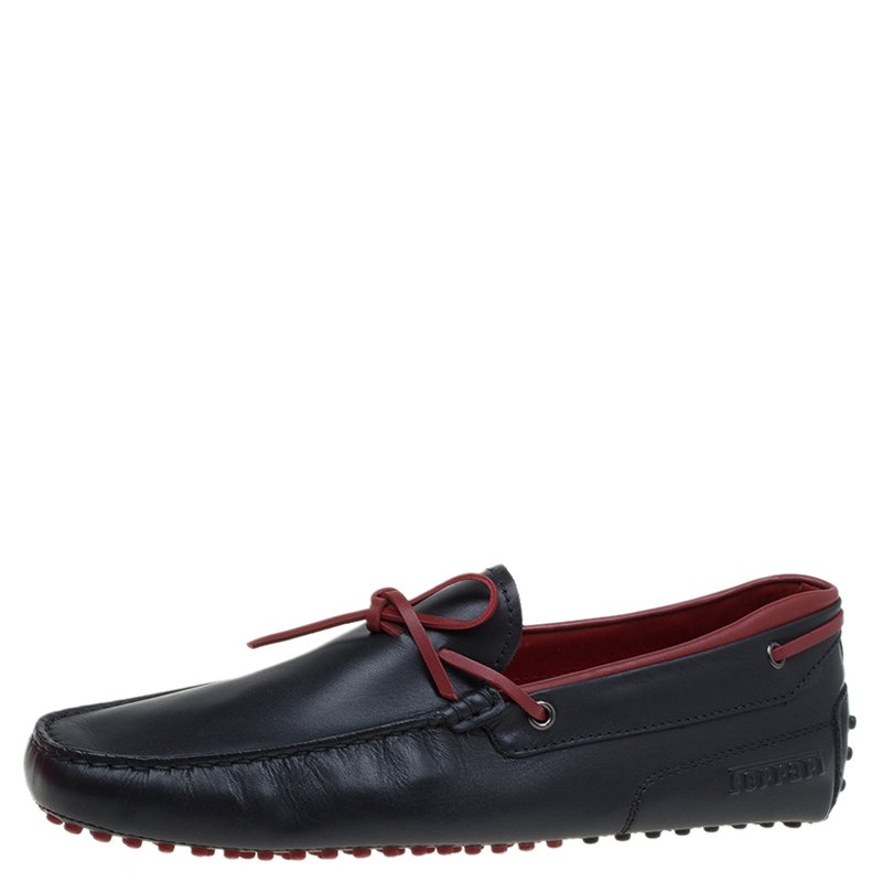 Pre Owned Tod's for Ferrari Black and Red Leather Bow Loafers Size 42