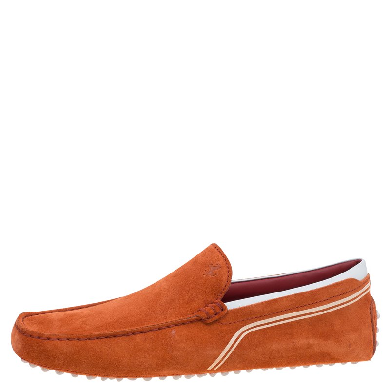 Pre Owned Tod's Ferrari Orange Suede and White Leather Loafers Size 42.5