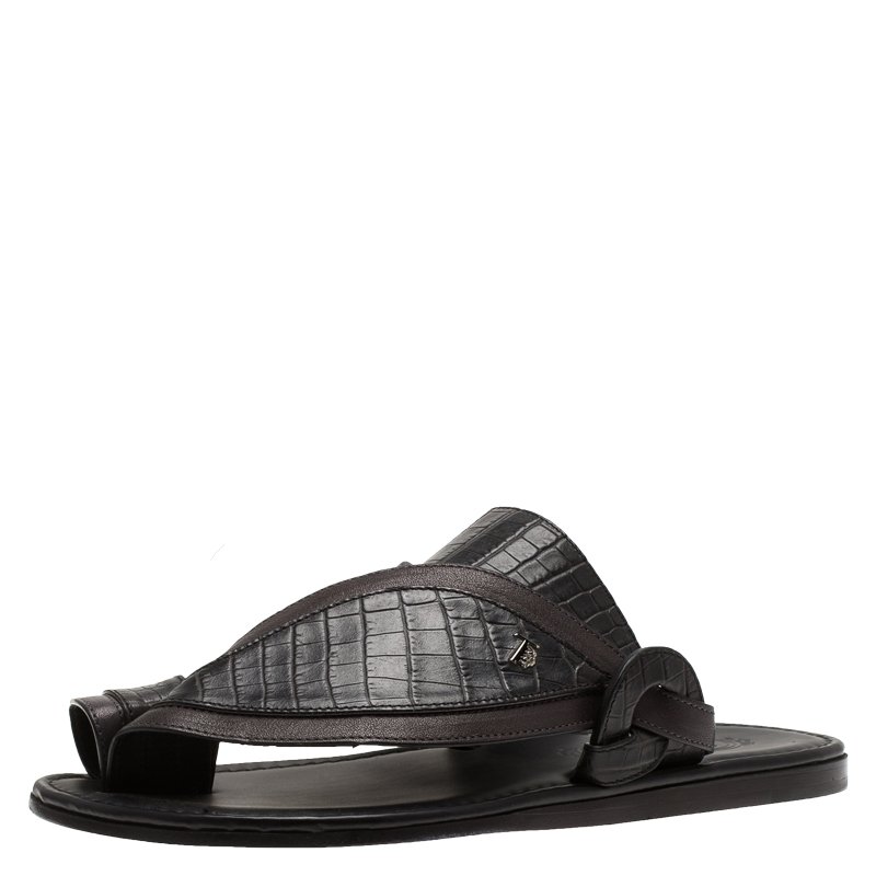 Tod's Black Croc Embossed Leather Sandals Size 39.5