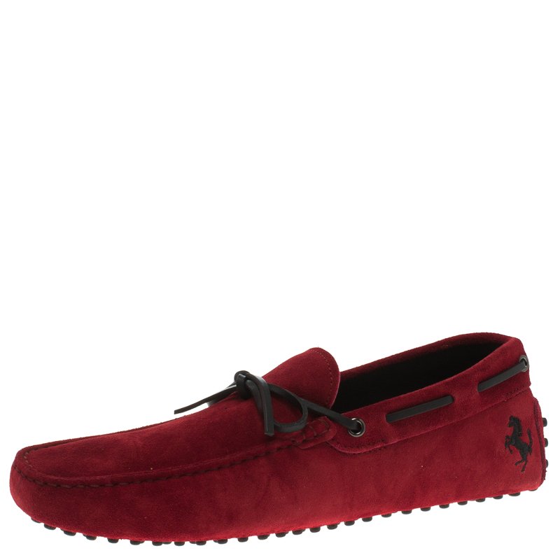 Pre Owned Tod's For Ferrari Red Suede Bow Loafers Size 42.5