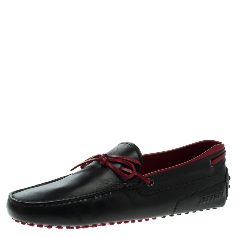 Pre Owned Tod's for Ferrari Black and Red Leather Bow Loafers Size 43