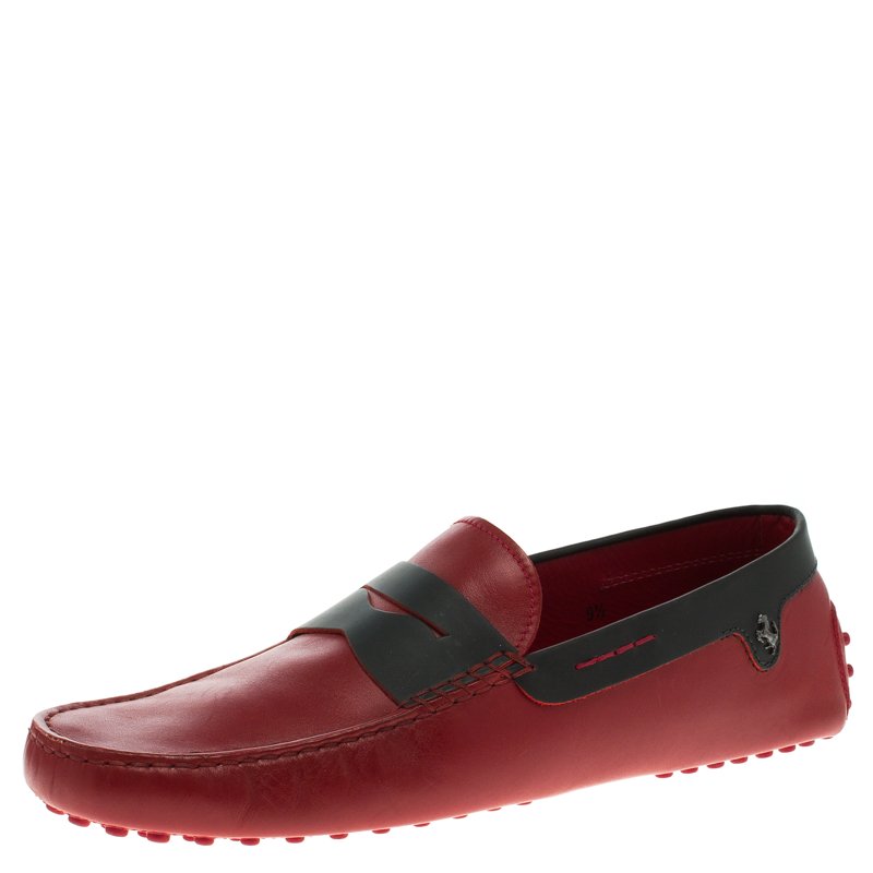 Pre Owned Tod's for Ferrari Red and Black Leather Penny Loafers Size 44