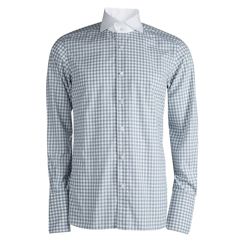 Pre Owned Tom Ford Grey Contrast Collar Gingham Checked Cotton Shirt L