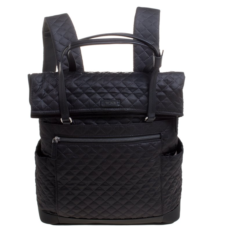 Pre Owned Tumi Black Quilted Fabric Lehigh Foldover Backpack