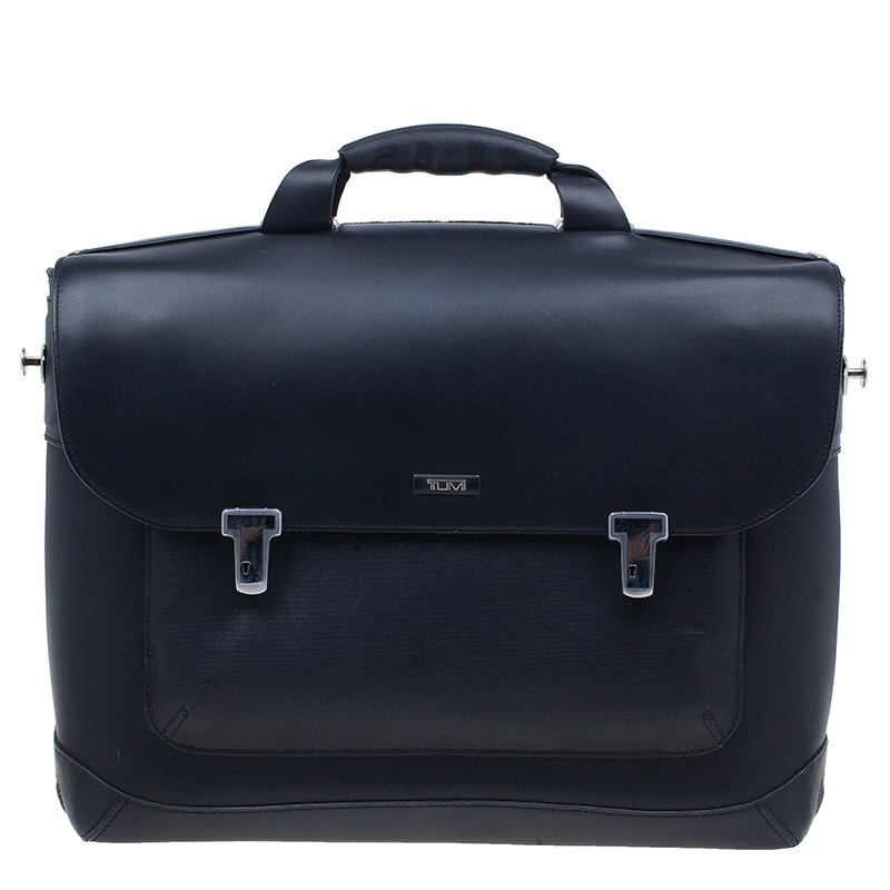 Tumi Black Leather Formula T Compartment Bag with Outer Compartment
