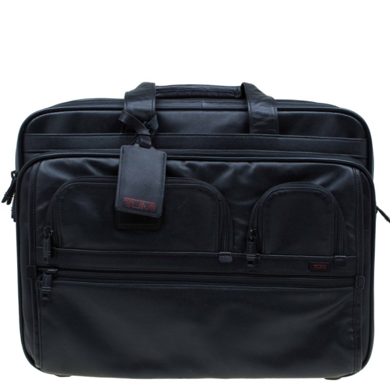 Tumi Black Leather Alpha T-Pass Expandable Laptop Two Wheel Brief ...
