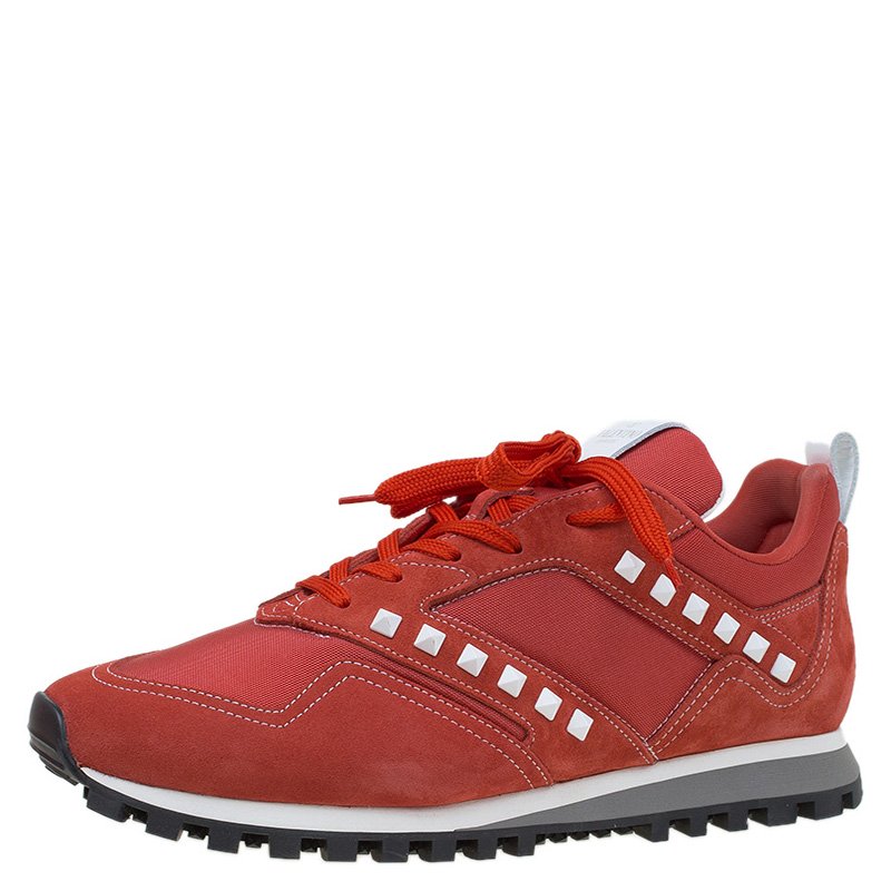 Valentino Red Suede And Fabric Rockstud Sneakers Size 44