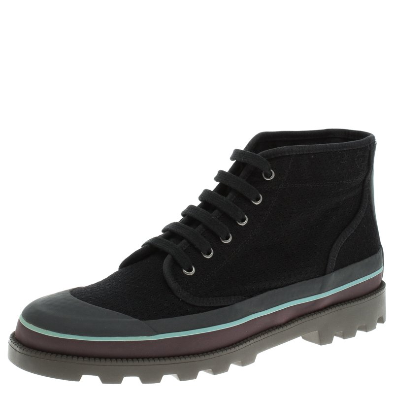 Pre Owned Valentino Black Eyelet Embroidered Fabric High-Top Sneakers Size 44