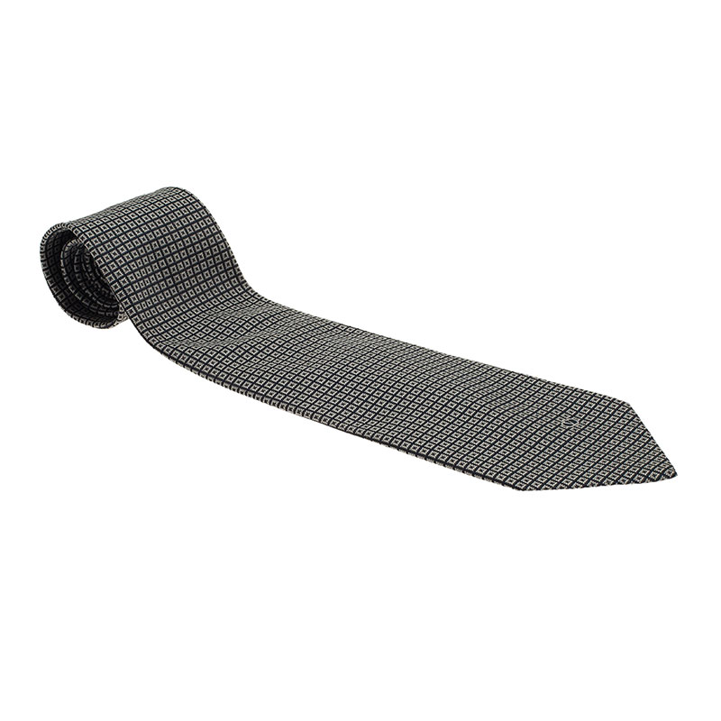 Pre Owned Valentino Grey Silk Geometric Print Tie 