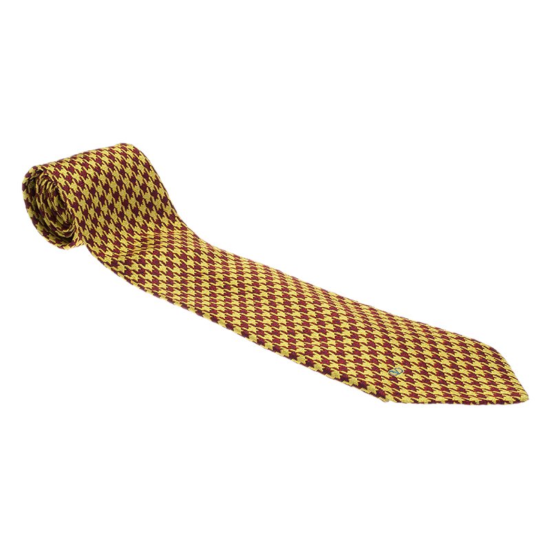 Valentino Yellow & Red Two Tone Houndstooth Woven Silk Tie