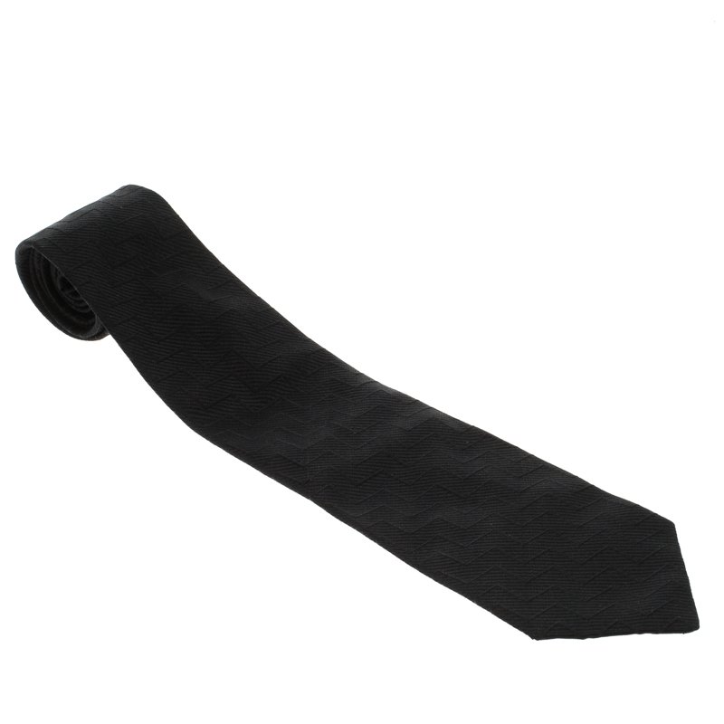 Pre Owned Valentino Black Zig Zag Embroidered Traditional Silk Tie