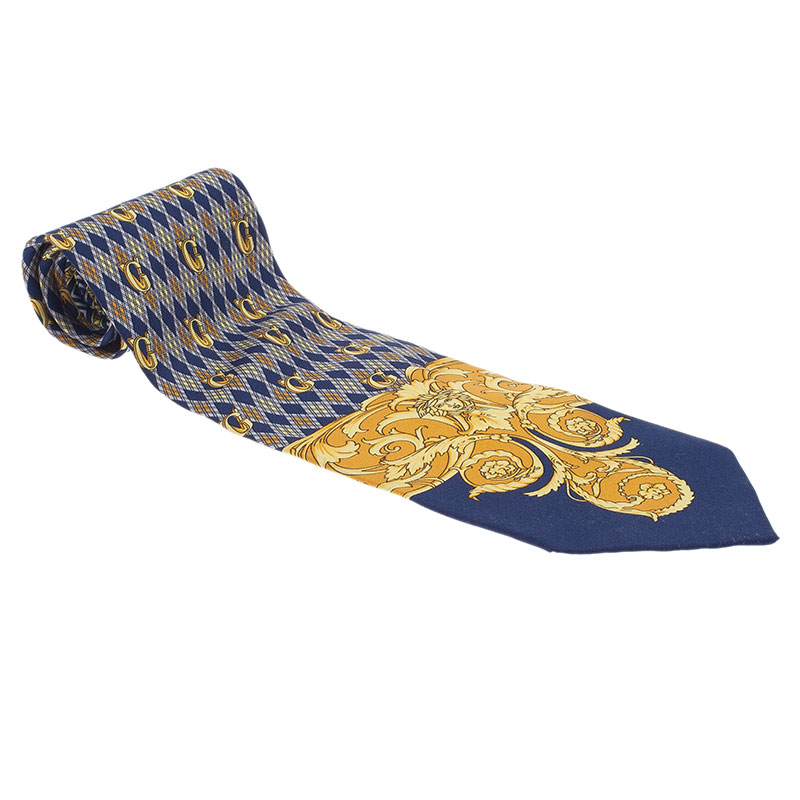 Gianni Versace Blue and Yellow Printed Silk Tie 