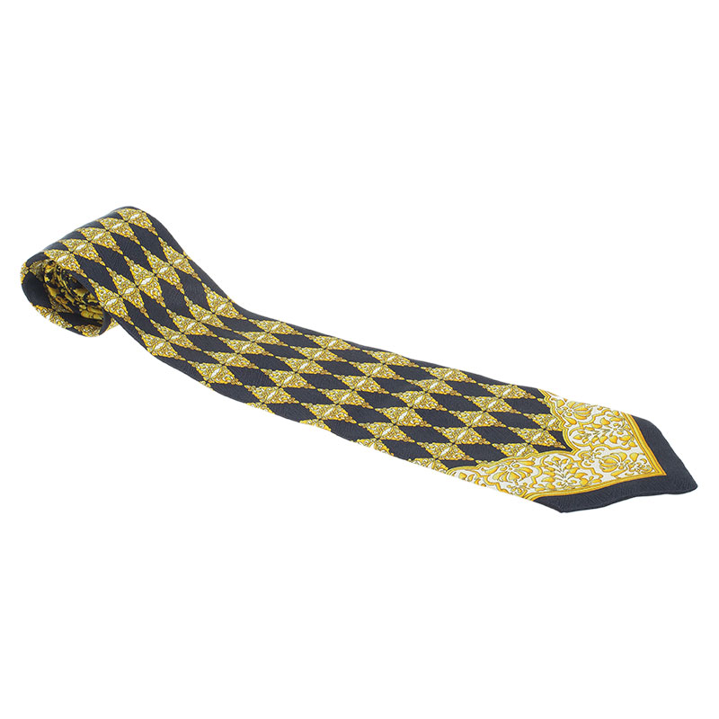 Pre Owned Gianni Versace Black and Yellow Printed Tie