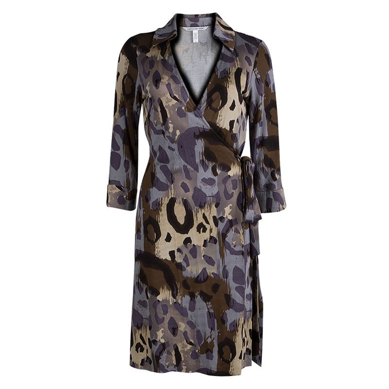 Pre Owned Diane Von Furstenberg Silk Camoflage Print Justin Wrap Dress M