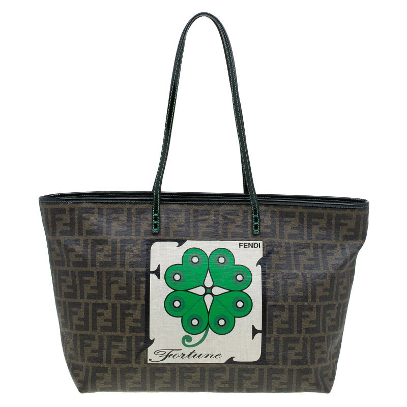 Pre Owned Fendi Tobacco Zucca Coated Canvas Fortune Print Roll Shopper Tote
