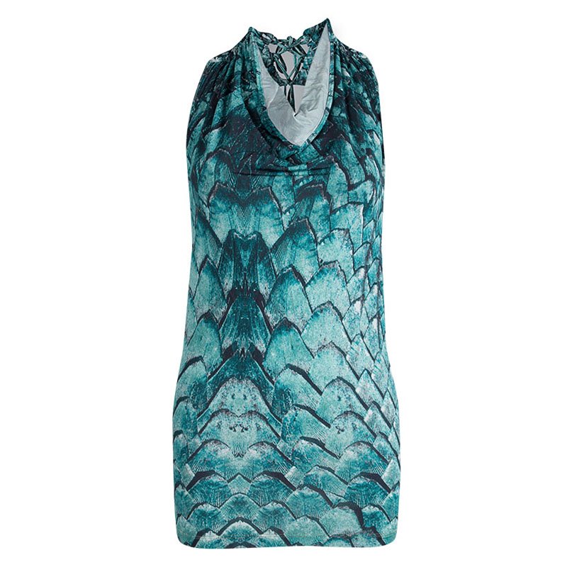 Pre Owned Just Cavalli Turquoise Python Print Cowl Neck Backless Top S