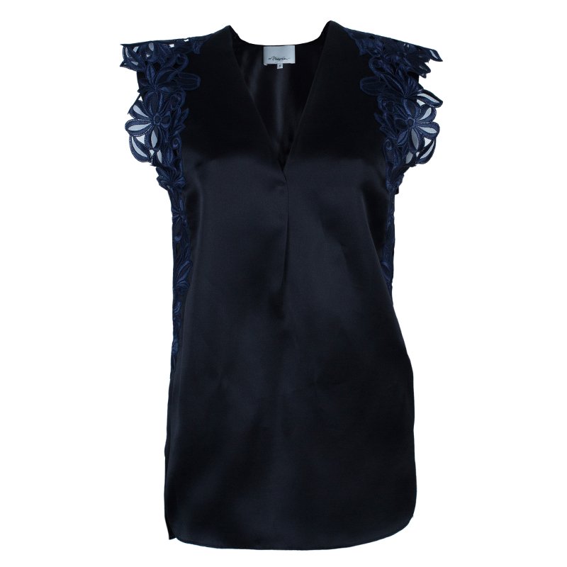 Pre Owned 3.1 Phillip Lim Black Organza Giupure Lace Detail Blouse M