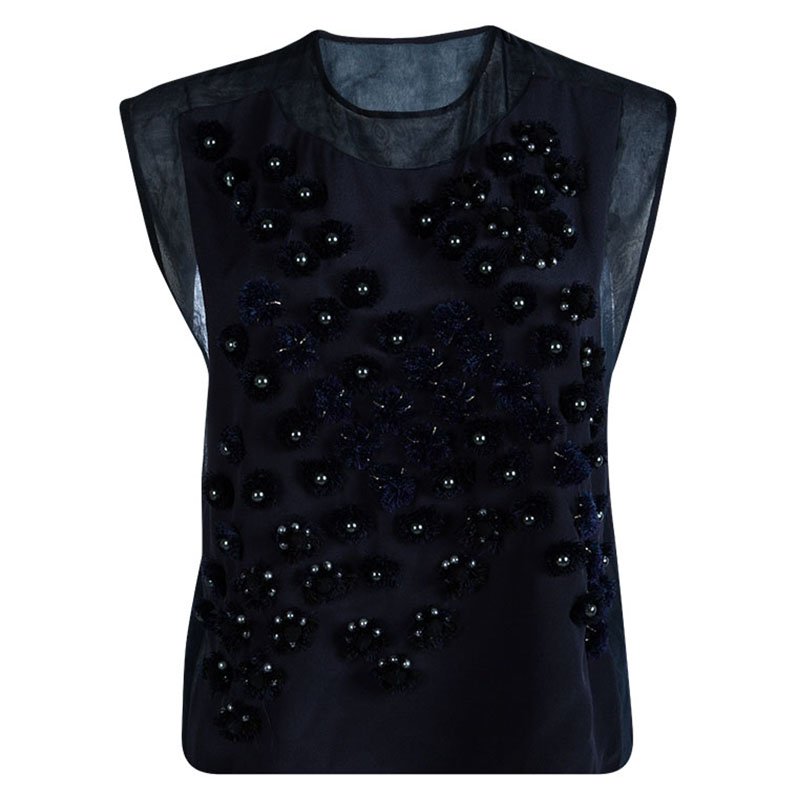 Pre Owned توب 3.1 فيليب ليم حرير أزرق كحلي أبليكات مزينة بلا أكمام M