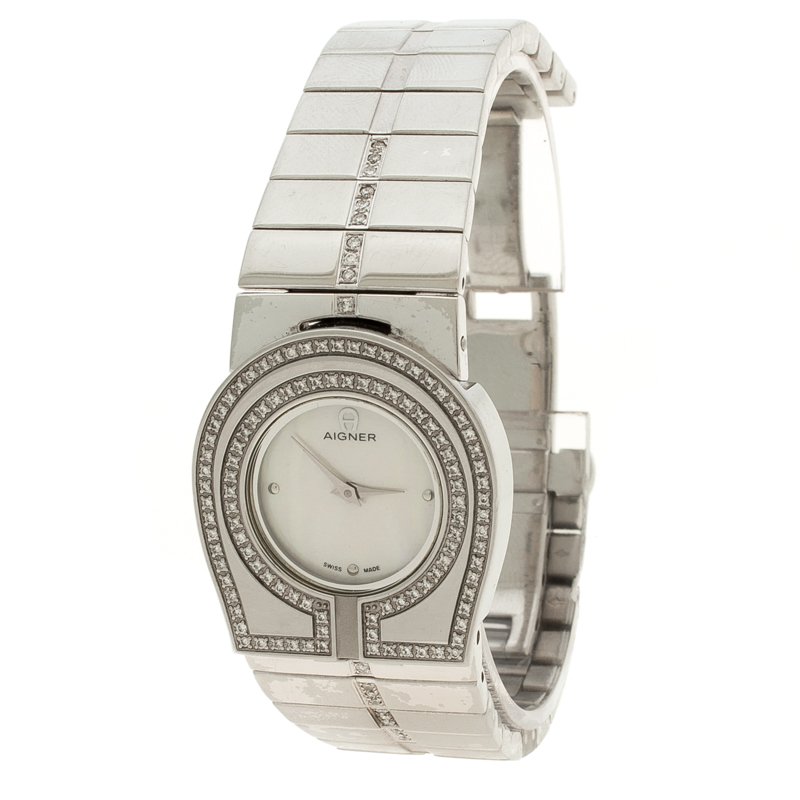Pre Owned Aigner Mother of Pearl Diamond Stainless Steel La Spezia Women's Wristwatch 28 mm