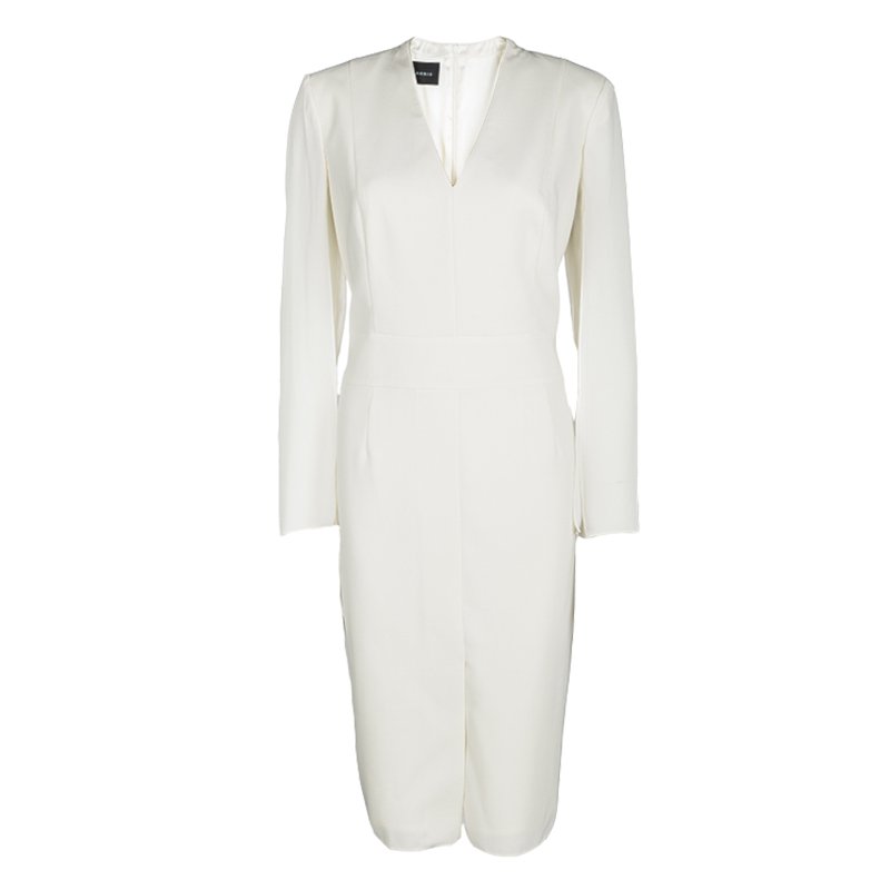 Akris Cream Wool Sheer Sleeve Detail V-Neck Dress L