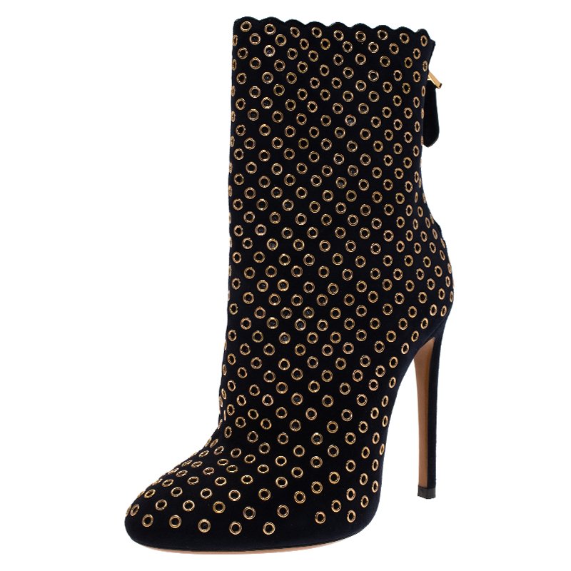 Pre Owned Alaia Black Suede Eyelet Ankle Boots Size 37.5