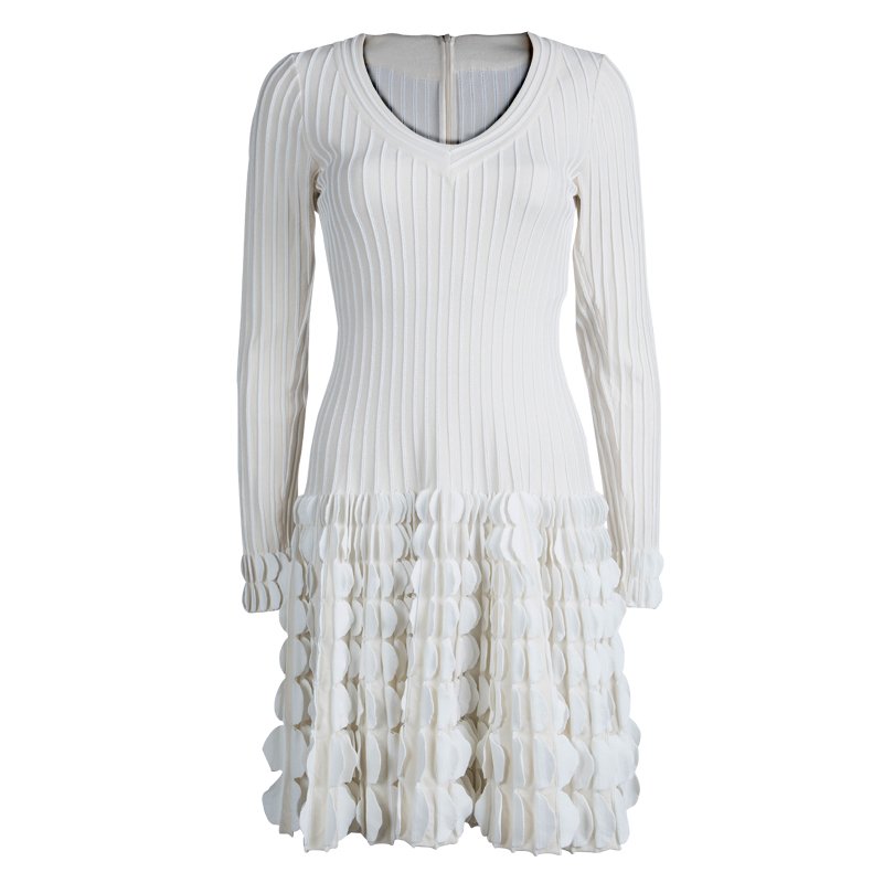 Alaia Cream Knit Textured Surface Detail Long Sleeve Dress M