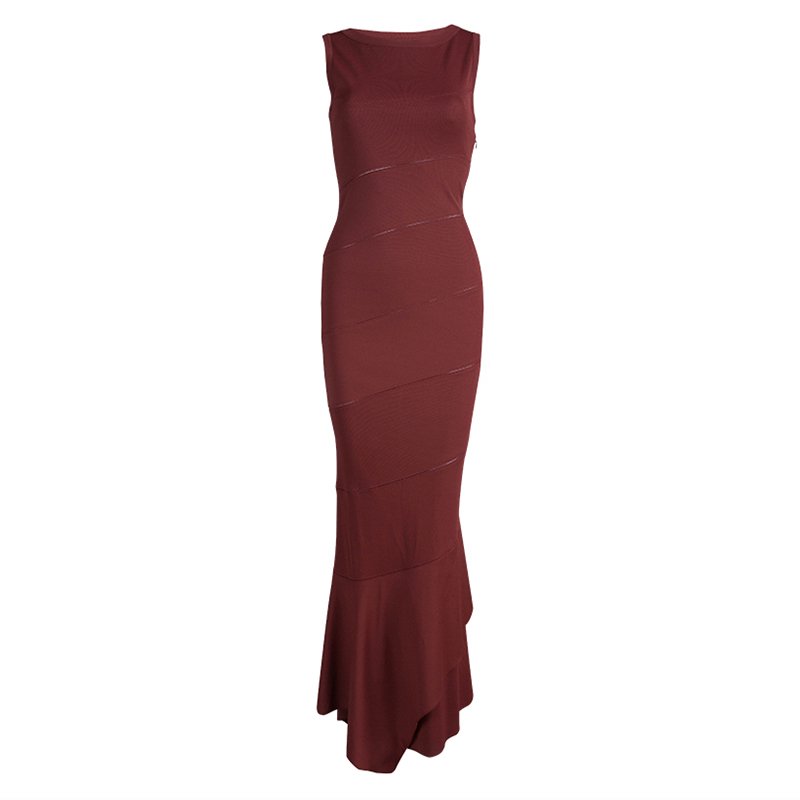 Pre Owned Alaia Burgundy Knit Sleeveless Paneled Maxi Dress  S